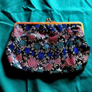 Vintage Clutch Black w/ blue, green, pink roses